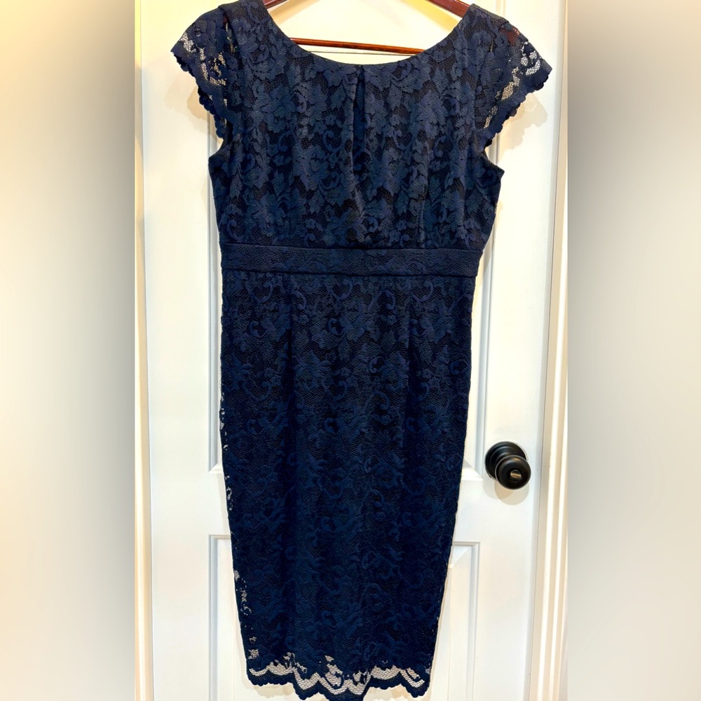 Calvin Klein Navy Lace Sheath Dress, V-neck Back, Gold Zipper 12